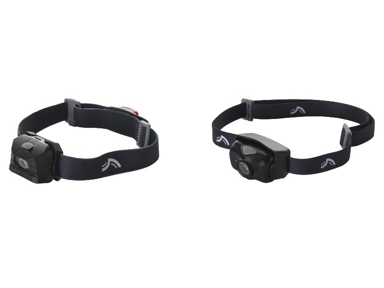 Zwei schwarze Stirnlampen mit verstellbaren Riemen.