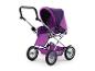 Lila Puppenwagen mit silberfarbenem Gestell und schwarzen Rädern.