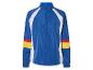 Blaue Sportjacke mit weißen Einsätzen und farbigen Streifen.