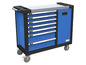 Ein blauer Werkzeugwagen mit sechs Schubladen und einem Schrank, Marke Güde.