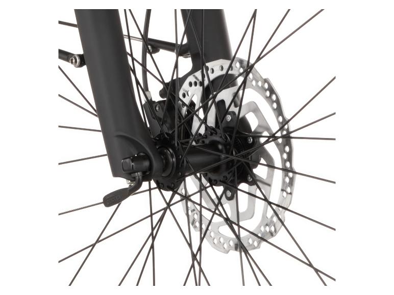Fahrradvorderrad mit Gabel, Nabe und Scheibenbremse.