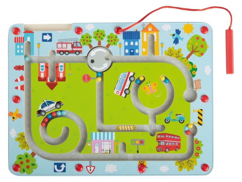 Holzlabyrinthspielzeug mit Stadtthema, Fahrzeugen und bunten Perlen.