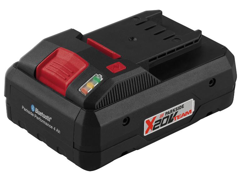 Schwarzer Parkside Performance 4 Ah Akku mit Bluetooth und Ladeanzeige.