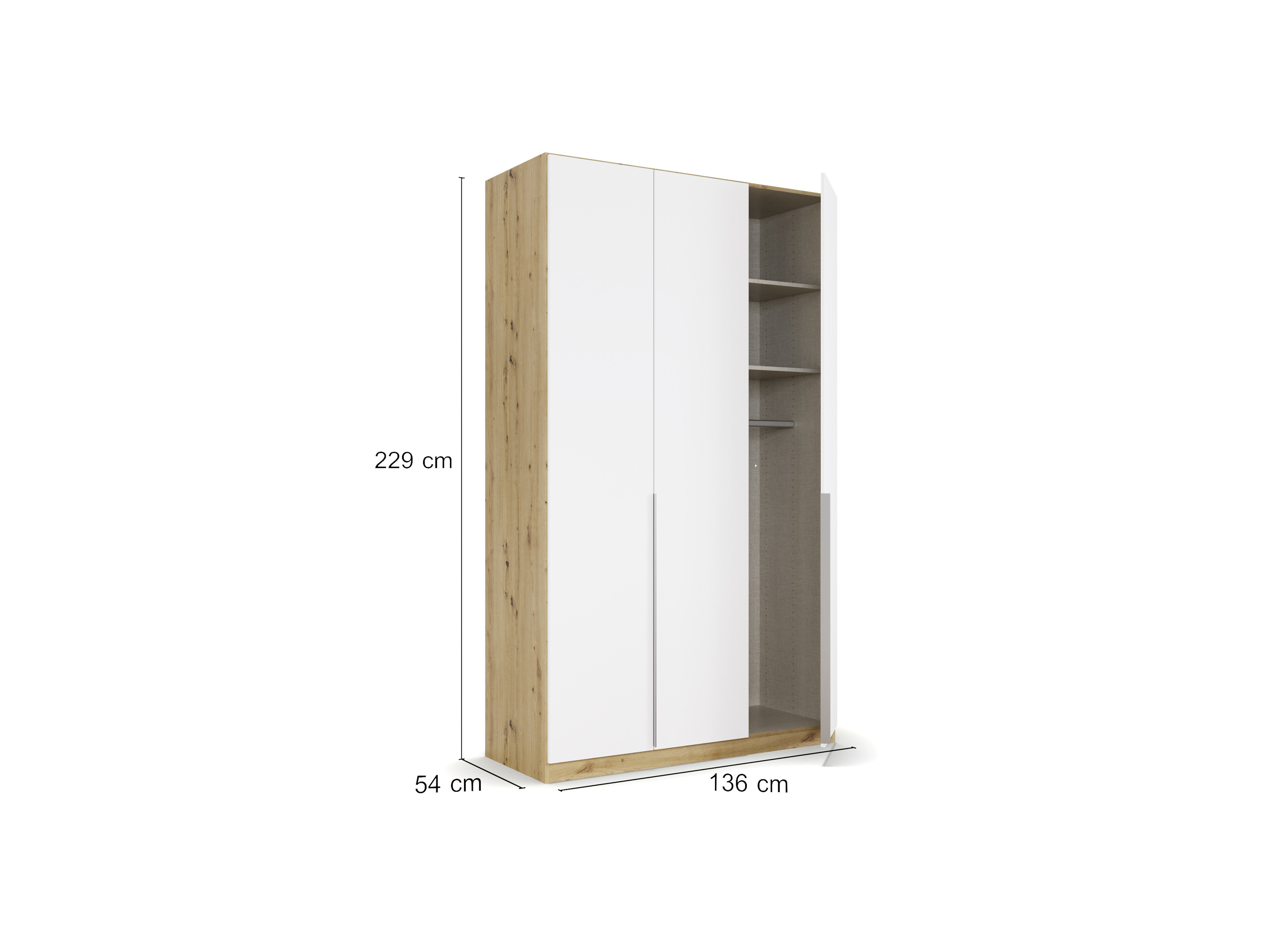 RAUCH ORANGE Drehtürenschrank Alabama (Basic-Zubehör, Weiß/Eiche Artisan, Griffe Alu, 136 x 229 cm) – Bild 4 von 4