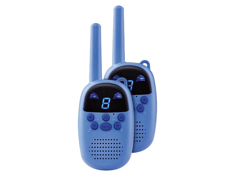 Zwei blaue Kinder-Walkie-Talkies mit Digitalanzeigen und Tasten.