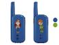 Blaue Kinder-Walkie-Talkies mit Zeichnungen von einem Mädchen und einem Jungen.