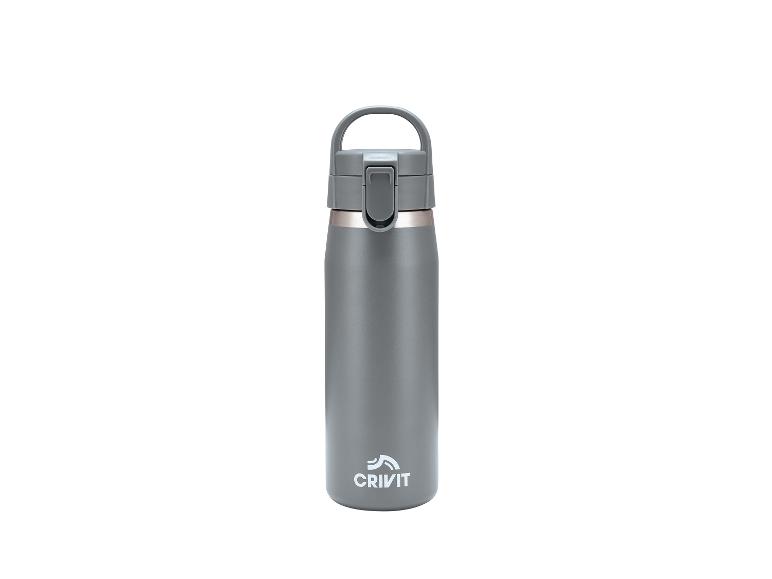 Graue Thermos-Trinkflasche mit Griff und weißem Logo.
