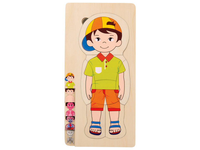 Ein Holzpuzzle eines Jungen, der seine Organe und sein Skelett zeigt.