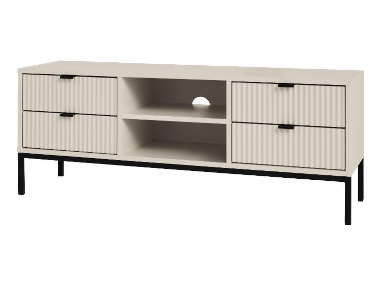 Cremefarbener TV-Schrank mit geriffelten Schubladen und schwarzen Beinen