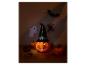 Beleuchteter Halloween-Kürbis mit Hexenhut, Fledermaus- und Spinnendekorationen.