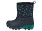 Kinder-Winterstiefel mit dunkelblauem Schaft, grünen Tannen, Schneeflocken und dem Schriftzug „WINTER HOLIDAY“.