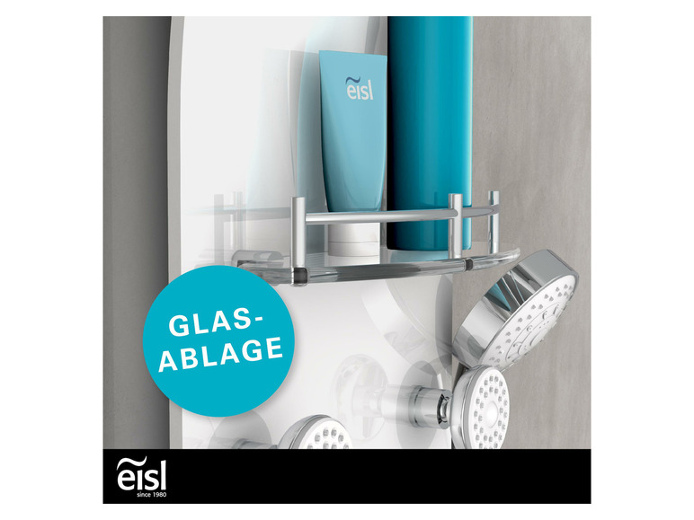 Duschkopf, Glasablage und Flaschen von Eisl.