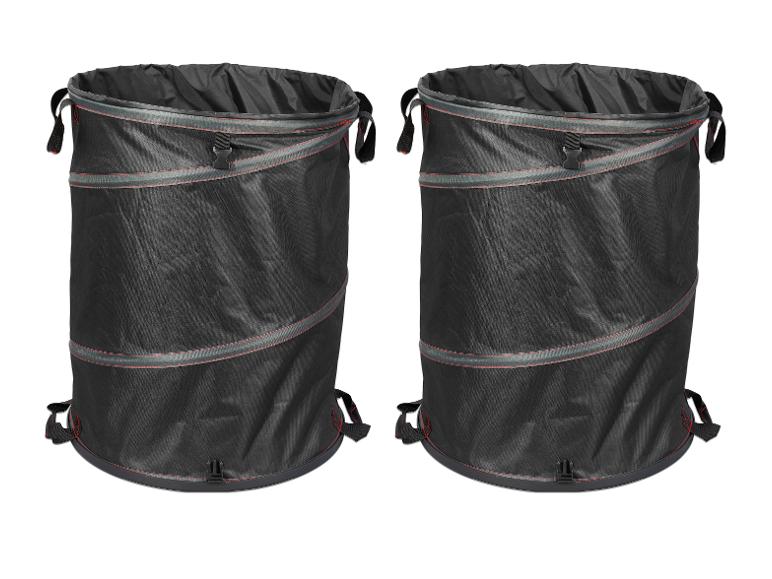 Zwei schwarze faltbare Gartenkörbe mit Riemen und Schnallen.