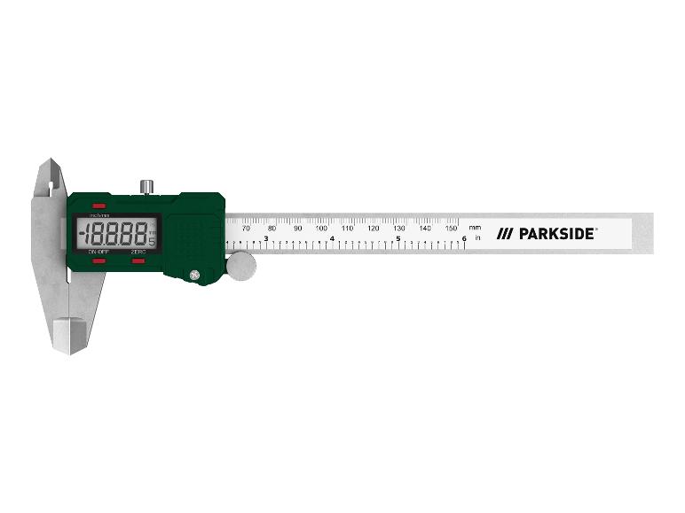 Grüner und silberner PARKSIDE Digitalmessschieber mit Anzeige von 18.88 mm