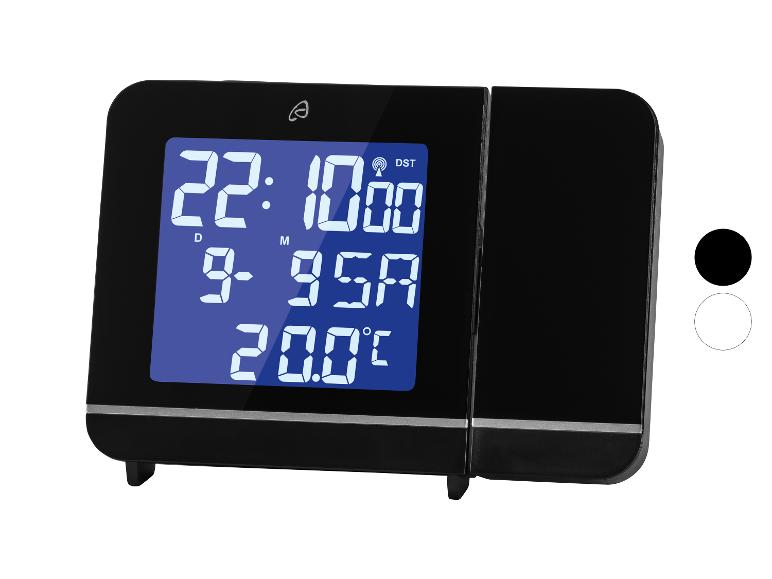 Schwarzer digitaler Wecker mit Projektor und Display, das Uhrzeit, Datum und Temperatur anzeigt.