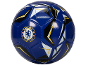 Blauer Fußball mit weißen, schwarzen und gelben Details, mit Löwen-Logo.