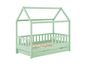 Ein hellgrünes Kinderbett mit einem hausförmigen Rahmen und Aufbewahrungsboxen.