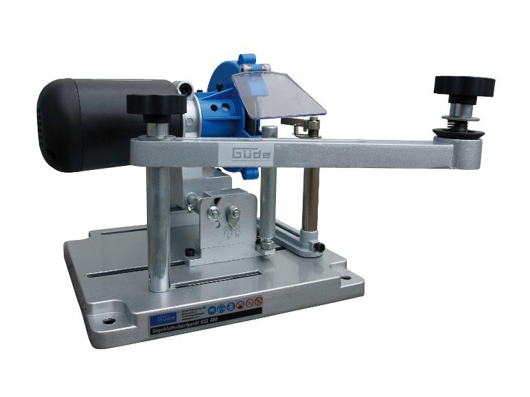 Güde GSS 400 Sägeblattschärfgerät, mit Metallbasis und schwarzem Motor.