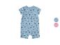 Blauer Baby-Strampler mit Surf- und Palmenmuster, mit Stoffmustern.