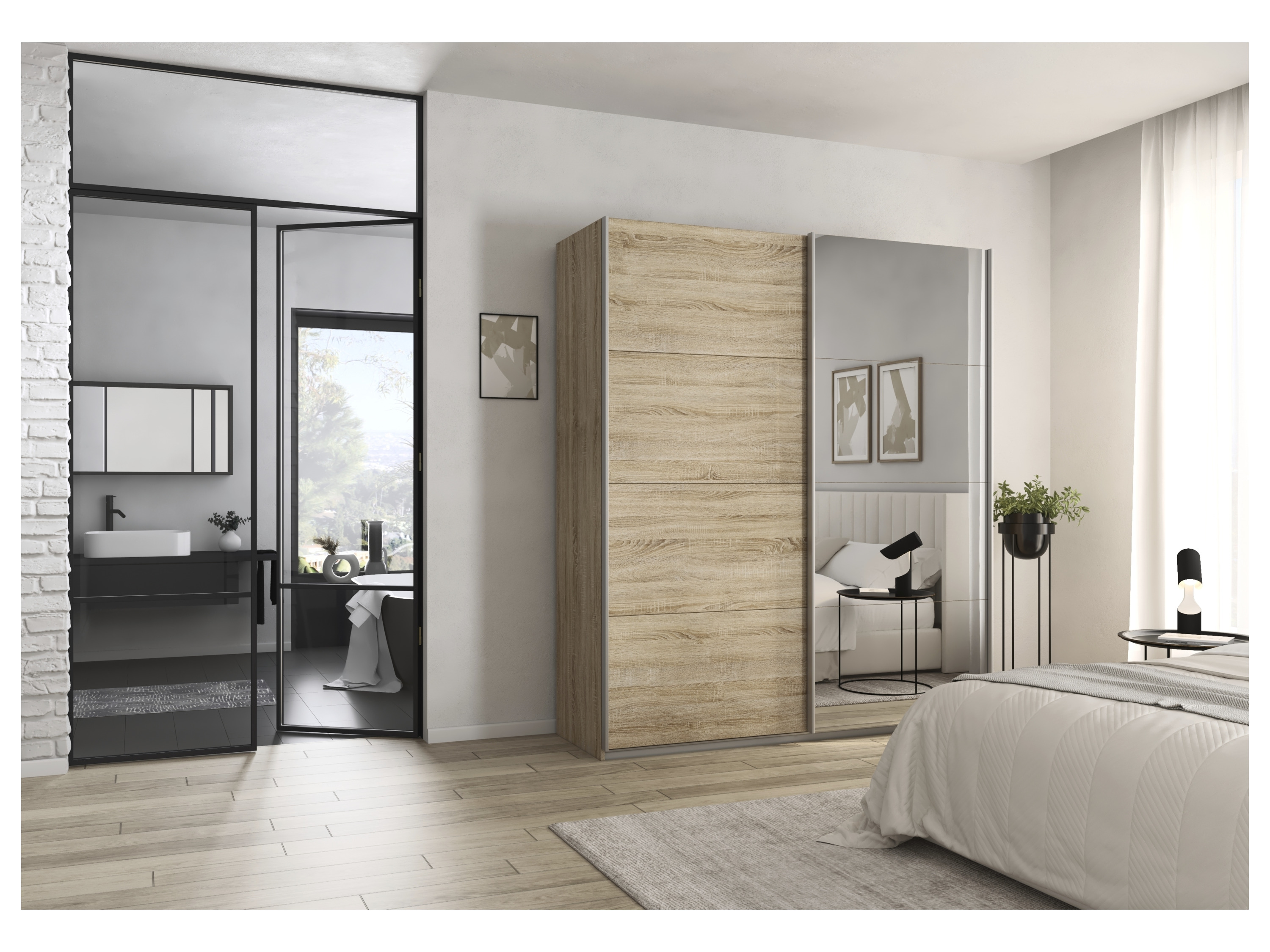 RAUCH ORANGE Quadra Schwebetürenschrank mit Spiegelelementen (Basic-Zubehör, Korpus: Eiche, 181 x 210 cm) – Bild 2 von 4