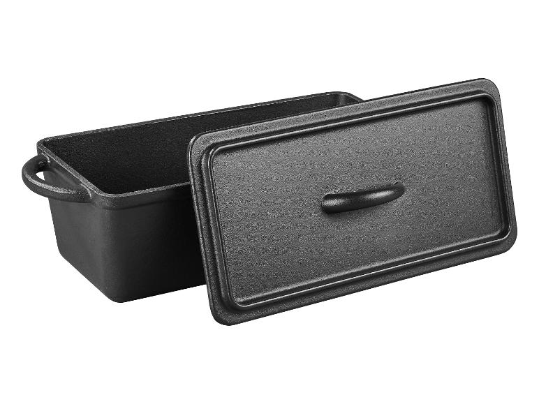 Schwarze gusseiserne Bratform mit Deckel.