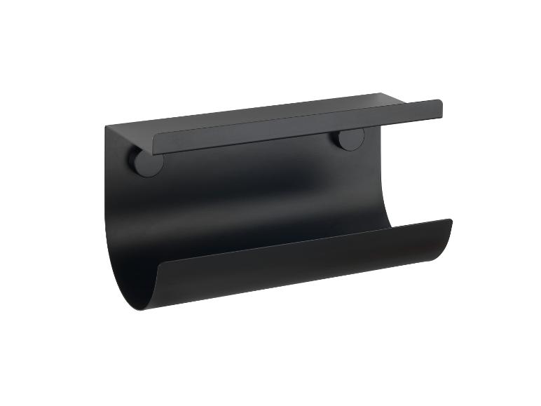 Schwarze, magnetische Wandhalterung für Küchenrollen mit Ablage.