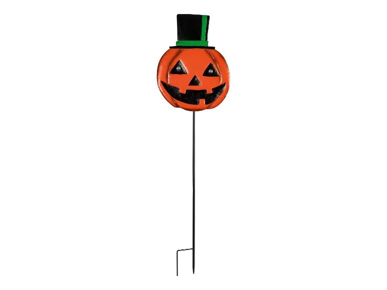 Halloween-Kürbis-Gartenstecker mit Zylinder und lachendem Gesicht