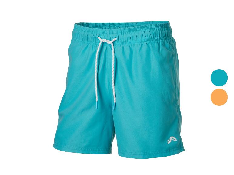 Türkise Badeshorts mit weißem Kordelzug und Logo.
