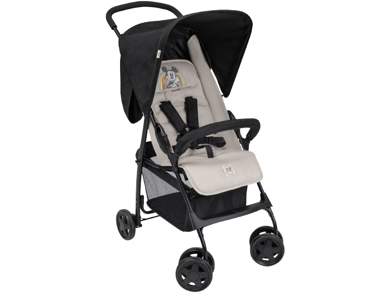 Mickey Mouse Kinderwagen in Beige und Schwarz mit „sweet little one“-Text.
