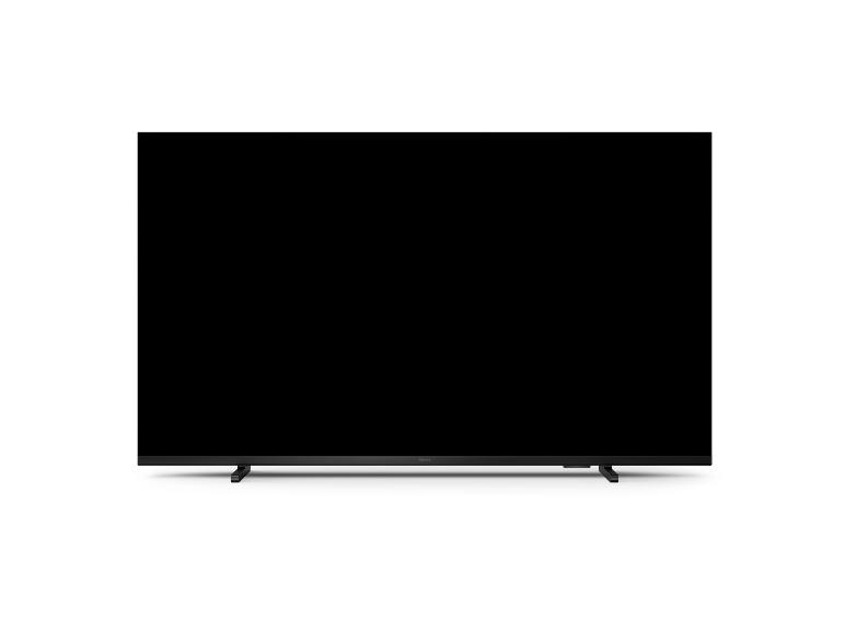 Schwarzer Flachbildfernseher mit ausgeschaltetem Bildschirm auf weißem Hintergrund.
