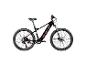 Schwarzes Elektro-Mountainbike mit roten Akzenten und Stollenreifen.