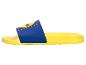 Blaue und gelbe Badeschlappen mit Logo