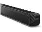 Schwarze Soundbar mit Metallgitter und dekorativem Muster an der Seite.