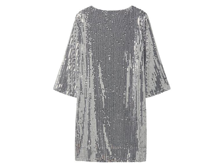 Silbernes Pailletten-Minikleid mit Dreiviertelärmeln.