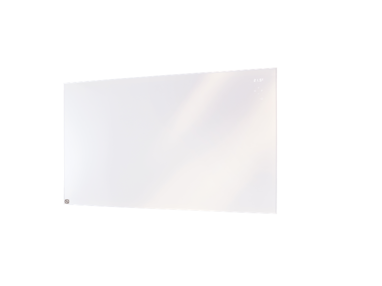 Weißer Glas-Paneelheizer mit Digitalanzeige, die 21.5°C und Bedientasten zeigt.