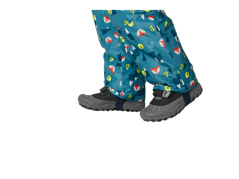 Kinder-Schneehose mit Fuchsmuster und Winterschuhe.