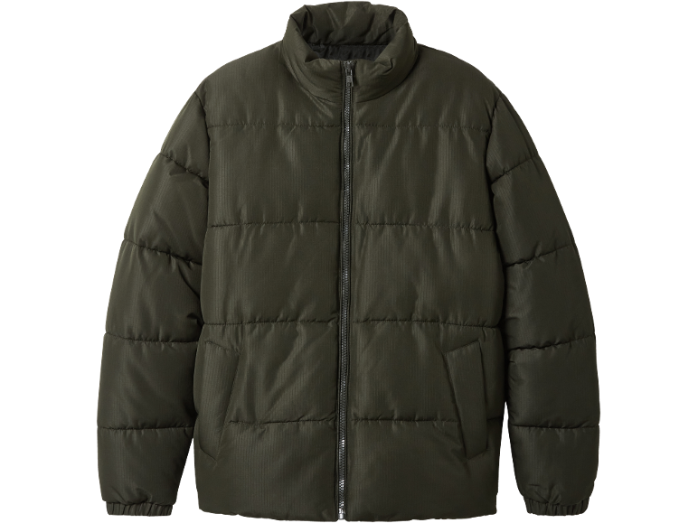 Dunkelgrüne Steppjacke mit Reißverschluss vorne.