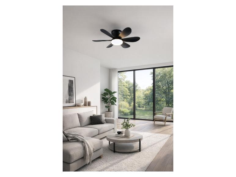 Schwarzer Deckenventilator mit Licht in einem modernen Wohnzimmer mit Sofa und großen Fenstern.