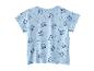 Blaues Baby-T-Shirt mit Haifisch- und Fischmuster.