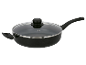 Schwarze Pfanne mit Glasdeckel.