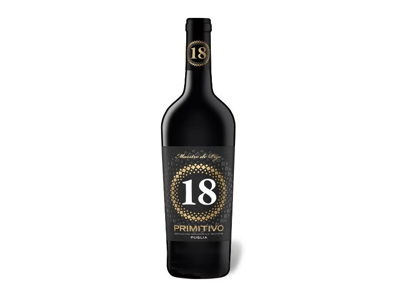 Rotweinflasche mit schwarzem und goldenem Etikett, das die Nummer 18 und den Text „Primitivo Puglia“ zeigt.