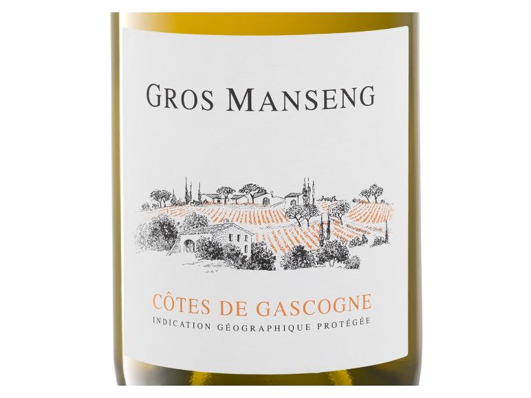 Weißweinflasche mit Gros Manseng Côtes de Gascogne Etikett und einer Landschaftsillustration.