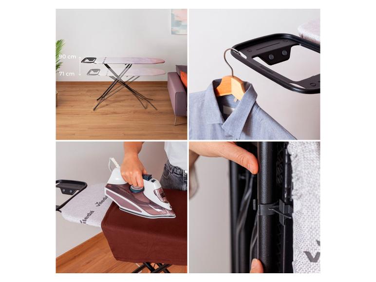 Ein Bügelbrett mit verstellbarer Höhe (71-90 cm), ein Bügeleisen und ein Kleiderbügel.