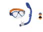 Blaue Tauchmaske und Schnorchel mit orangefarbenem Band.