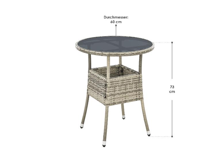 Runder Bistrotisch aus Rattan mit Glasplatte, 60 cm Durchmesser und 73 cm Höhe.
