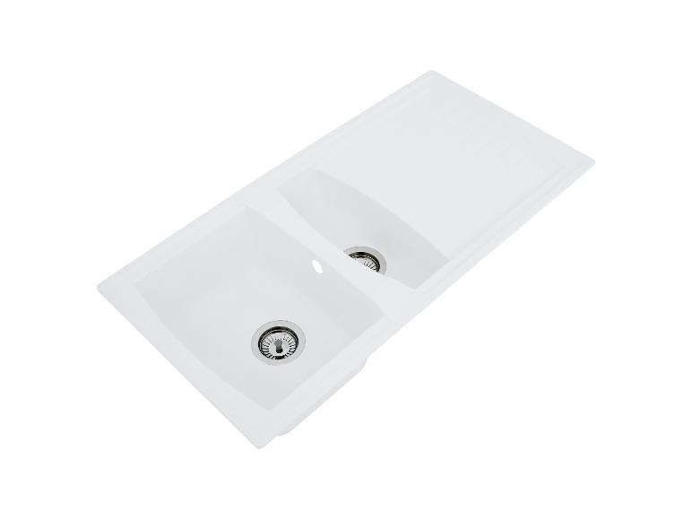 Weiße Küchenspüle mit zwei Becken und Abtropffläche