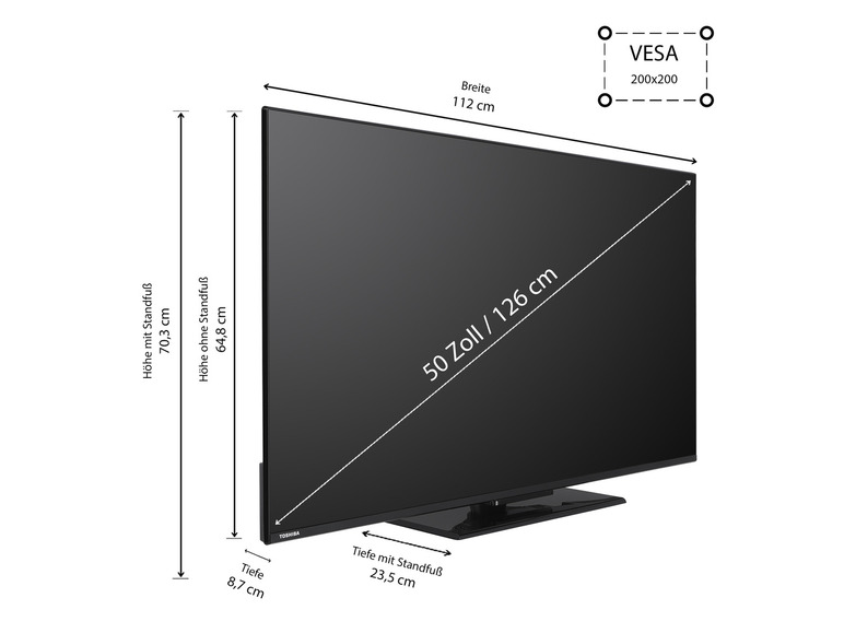 Ein schwarzer 50 Zoll Toshiba Fernseher mit Standfuß, inklusive der Abmessungen.