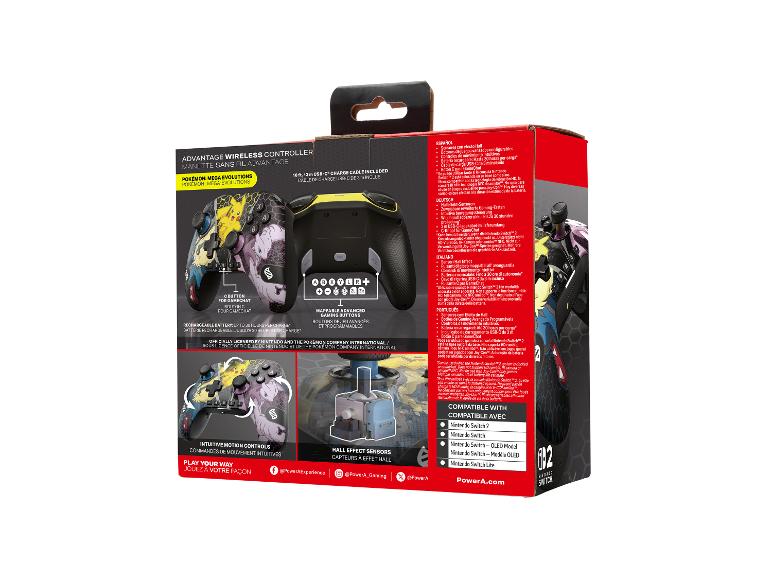 Kabelloser Controller im Pokémon-Design, Ladekabel und Kompatibilität mit Switch-Konsolen.