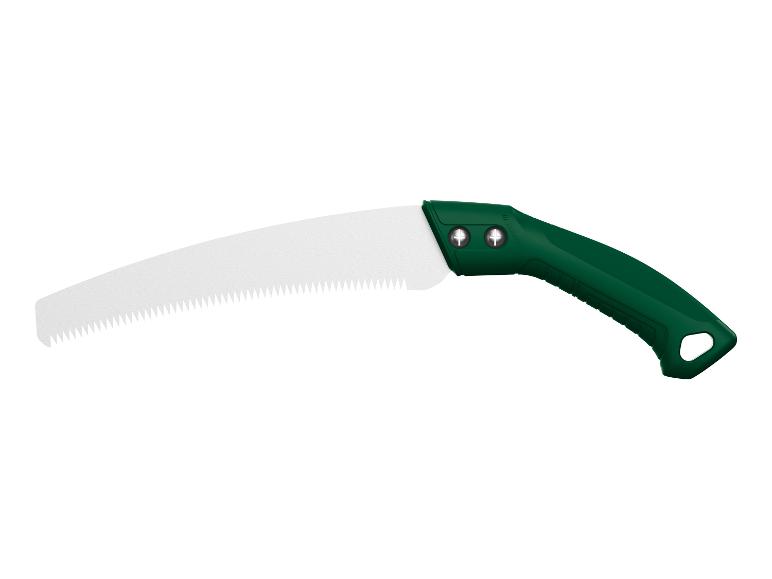 Handbügelsäge mit gebogener Klinge, dunkelgrüner Griff.