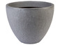 Ein runder, grauer Blumentopf mit rauer Textur.